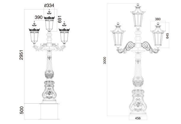 (QDTYD-JZ001)精铸铝欧式仿古庭院灯常规尺寸图