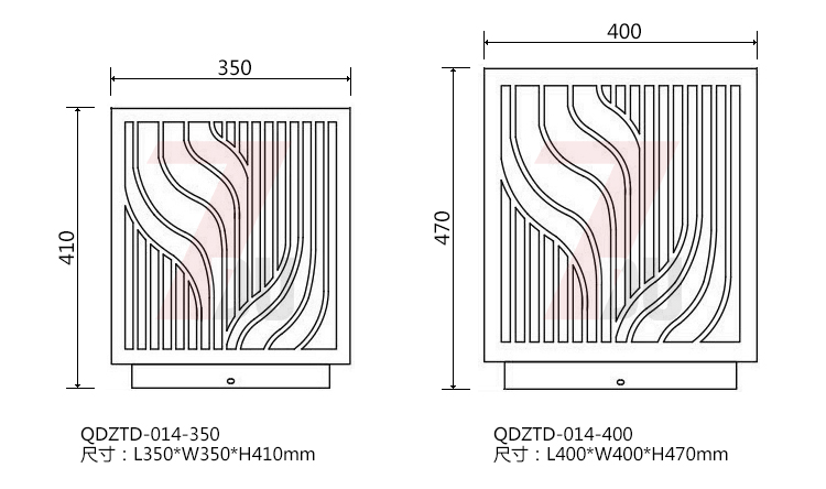 (QDZTD-014)古铜拉丝割花方形矮柱柱头灯350mm、400mm大规格尺寸示意图